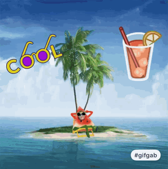 a cartoon of a person sitting on a small island next to a palm tree and a drink that says cool