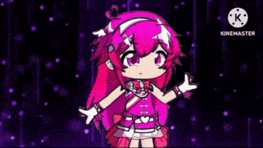 a gacha girl with pink hair and a purple background is giving a peace sign .