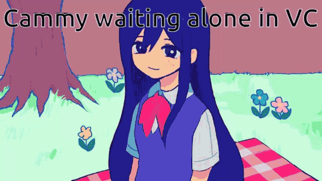 a cartoon of a girl sitting on a picnic blanket with the words cammy waiting alone in vc above her