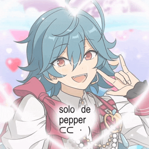 a girl with blue hair is surrounded by hearts and the words solo de pepper cc