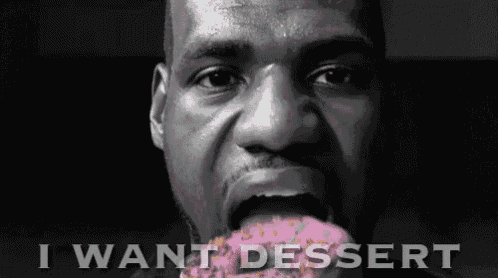 a man is eating a donut with the words i want dessert written below him