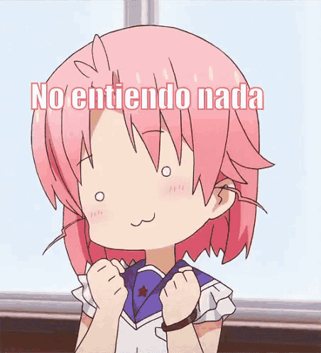 a cartoon girl with pink hair has the words no entiendo nada above her head