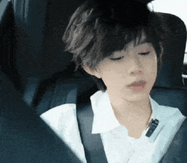 a young boy is sitting in the back seat of a car wearing a white shirt and tie .