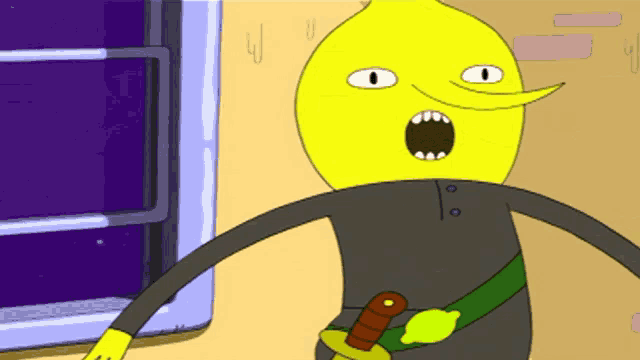 a cartoon character with a sword in his pocket