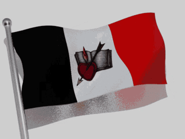 a black white and red flag with a heart and arrow on it