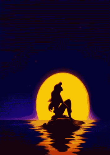 a silhouette of a mermaid sitting on a rock in front of the moon