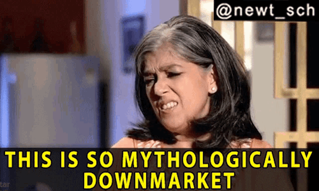 a picture of a woman with the caption " this is so mythologyally downmarket "