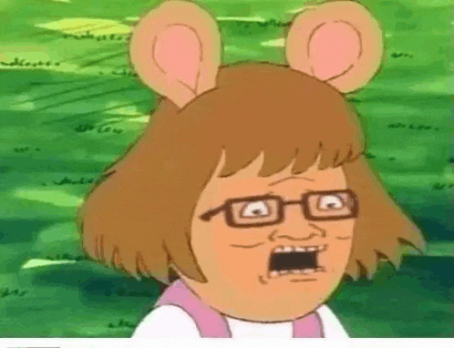 a cartoon character with glasses and ears making a funny face .
