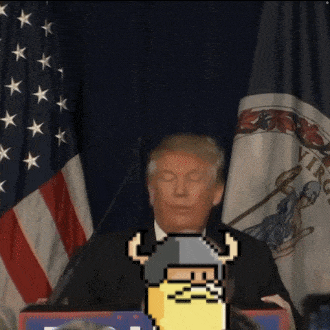 donald trump is giving a speech with a pixelated image of a viking behind him