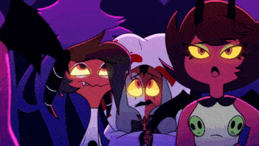 three cartoon characters are standing next to each other with their eyes glowing brightly