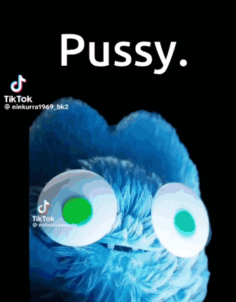 a blue stuffed animal with green eyes and the words pussy on it