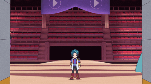 a boy with blue hair is standing in front of a large empty auditorium