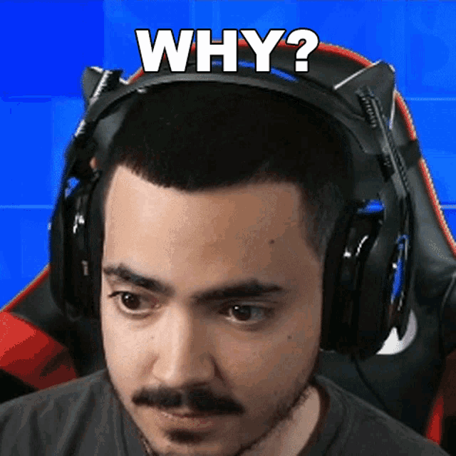 a man wearing headphones with cat ears says why in white letters