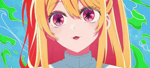 a close up of a girl with long blonde hair and pink eyes .
