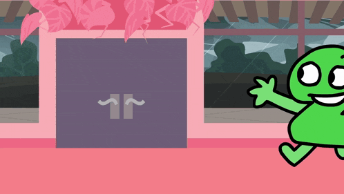 a green cartoon character is standing in front of a door that has the letter j on it