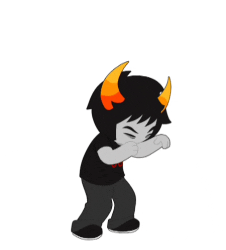 a cartoon character with horns and a black shirt with the letter g on it is dancing