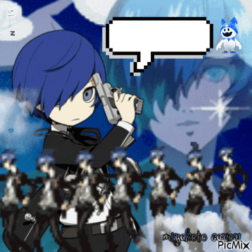 a pixel art of a boy holding a gun with a speech bubble above him that says picmix