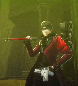 a man in a red coat holding a gun