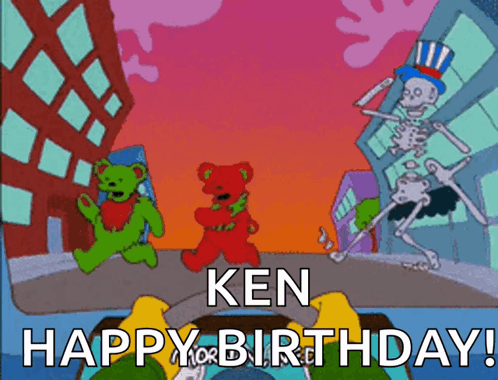a cartoon says " happy birthday ken " with a skeleton dancing in the background