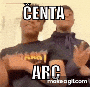two men are standing next to each other and one of them is wearing a shirt with the word arc on it