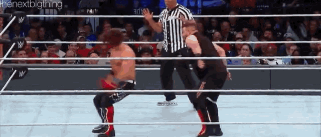 a referee is standing in the middle of a wrestling ring with two wrestlers .