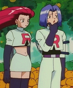 two cartoon characters , jessie and james , are standing next to each other in a field of oranges .