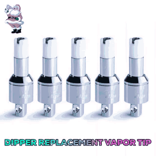 five dipper replacement vapor tip cartridges are lined up on a white background