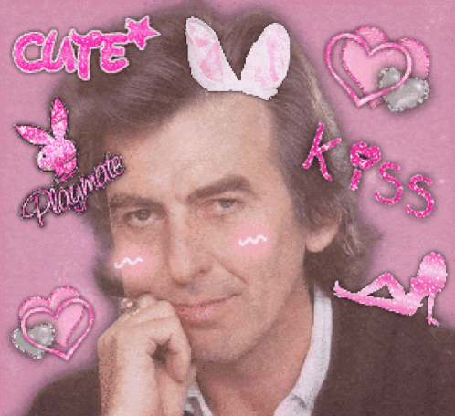 a man wearing bunny ears is surrounded by pink hearts and the words cute kiss