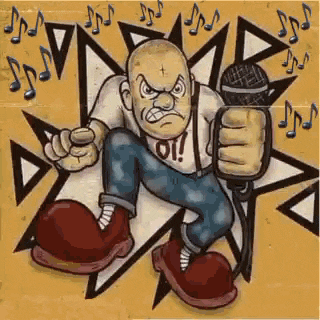 a cartoon of an angry man holding a microphone with music notes behind him .