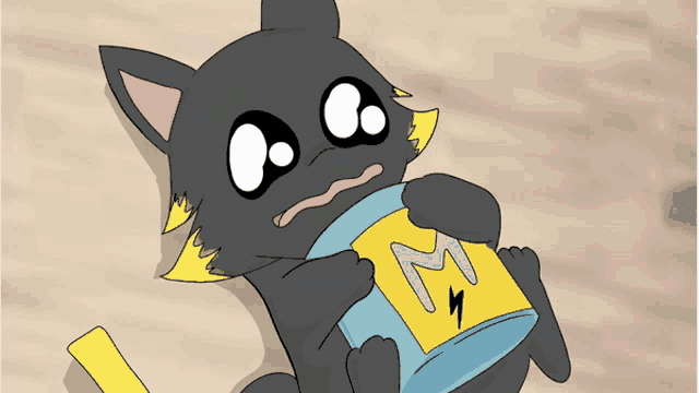 a cartoon cat is laying on the ground holding a bag that says m on it