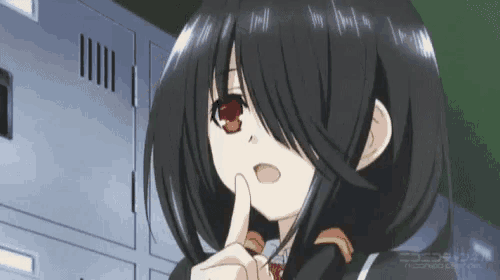 a girl with long black hair and red eyes is holding her finger to her lips .