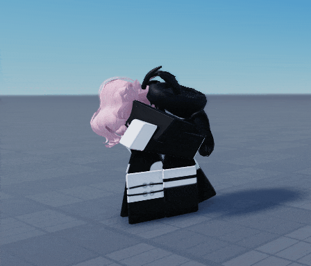a girl with pink hair is hugging a black and white robot