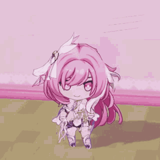 a cartoon girl with long pink hair is sitting on the floor with her eyes closed