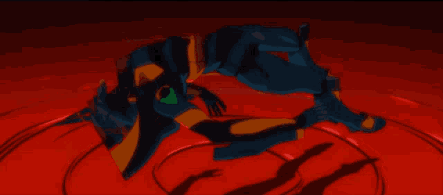 a blue robot with green eyes is laying on its back