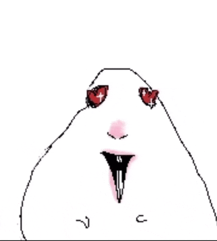 a drawing of a hamster with red eyes and a long tongue sticking out .