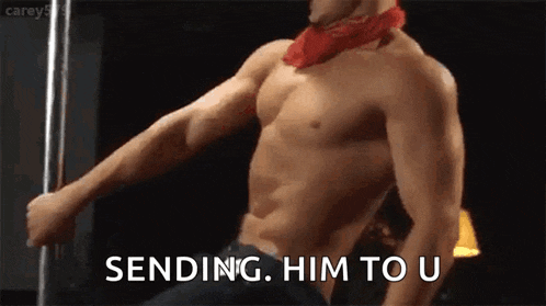 a shirtless man is dancing on a pole and sending him to you .
