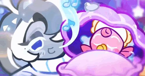 a cartoon character is sleeping in an oyster shell next to a pink fish .