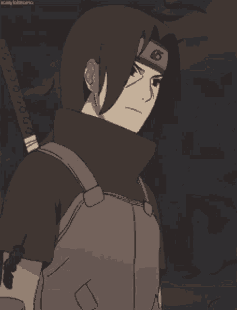a drawing of a man with a sword and a headband with the letter s on it