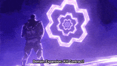 a man is standing in front of a purple flower with the words domain expansion kill contract on the bottom