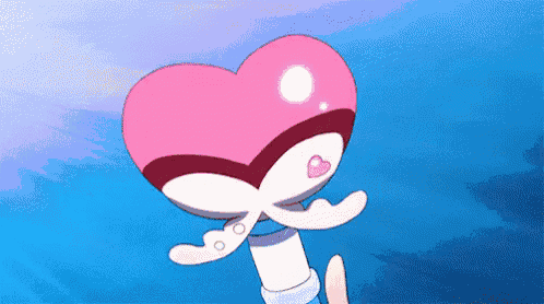 a cartoon character is holding a pink heart shaped object in her hand .
