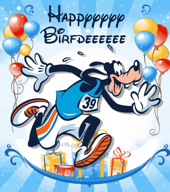 a happy birthday card with goofy wearing a number 39 jersey
