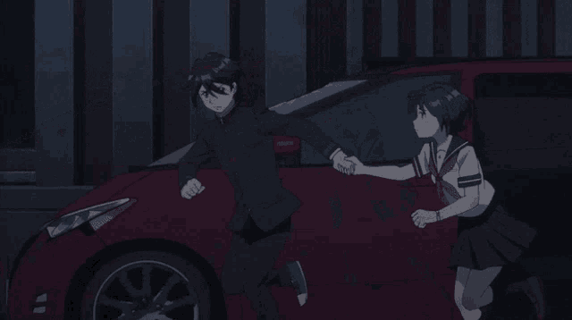 a boy and a girl are holding hands in front of a car