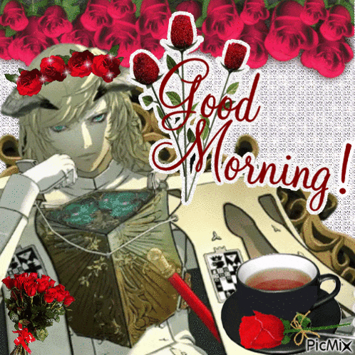 a picture of a man reading a book with a cup of tea and the words good morning