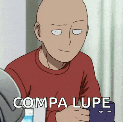 a bald man in a red shirt is holding a cup with the words compa lupe written on it .