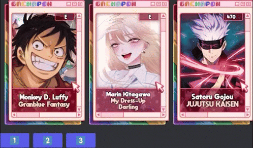 monkey d. luffy granblue fantasy marin kitagawa my dress-up darling and satoru gojou jujutsu kaisen cards