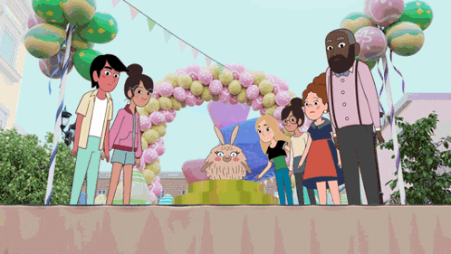 a group of cartoon characters are standing in front of a balloon archway
