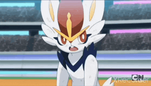 a pokemon is standing on a track in a stadium looking at the camera .