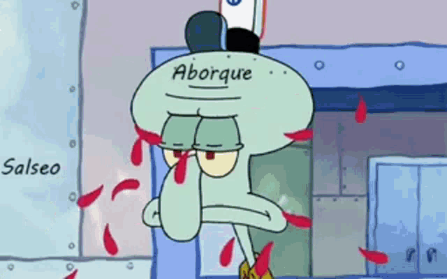 squidward from spongebob squarepants has blood coming out of his nose and mouth