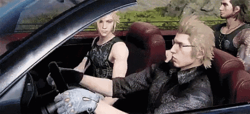 a man is driving a car with two other men in the back seat .