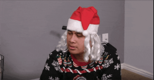 a man wearing a santa hat and wig